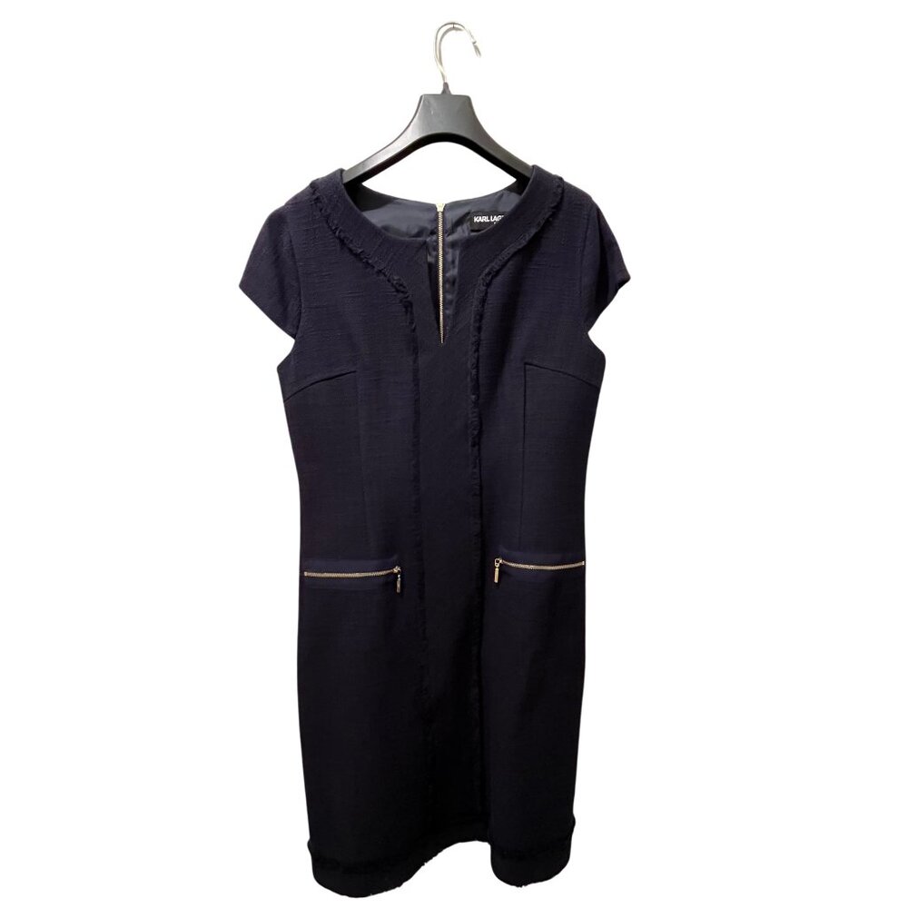 Karl Lagerfeld Paris Short Sleeve V-Neck Frayed Tweed Sheath Dress, Navy, Size 6